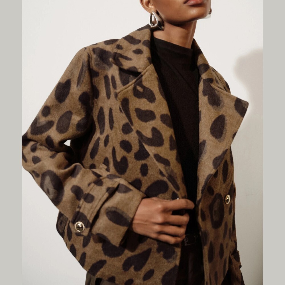 Brown Leopard Print Notch Lapel Double Breasted Cropped Pea Coat